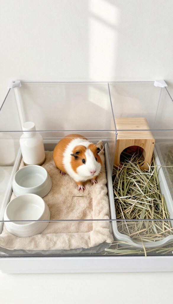 Guinea pig cage with clear acrylic divider panels separating eating, sleeping, and play areas for easy cleaning.