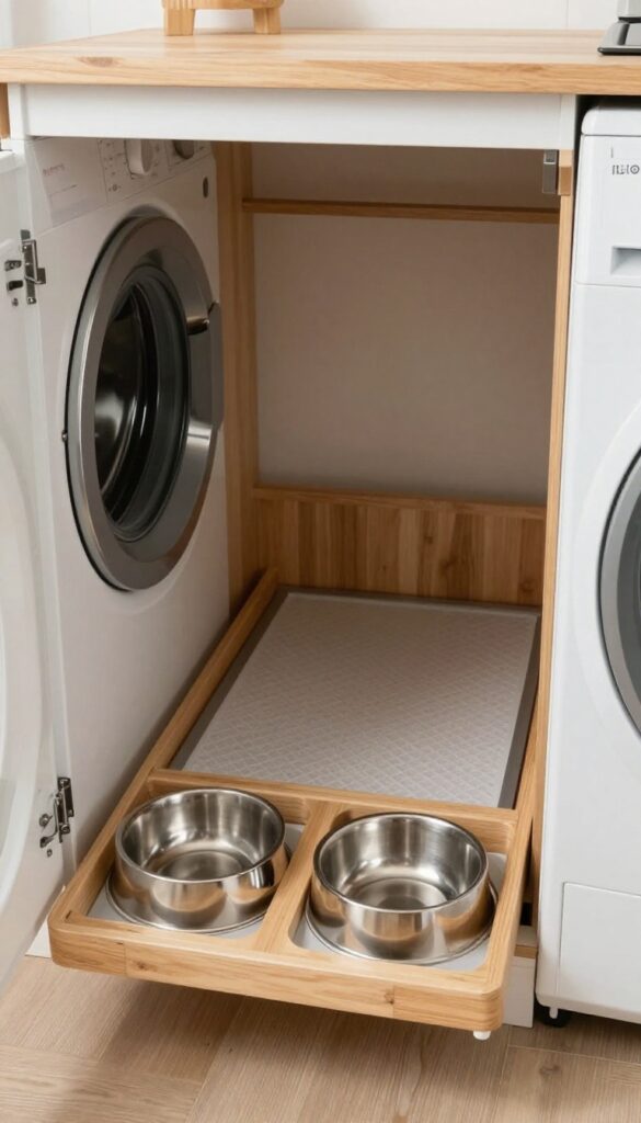 Built-in dog crate with slide-out feeding station in a bright laundry room