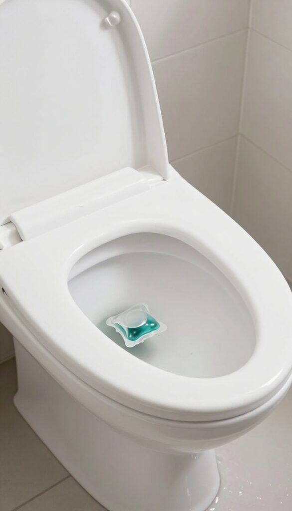 A dishwasher pod dissolving in a toilet bowl for cleaning, with bright natural light and clean bathroom tiles.