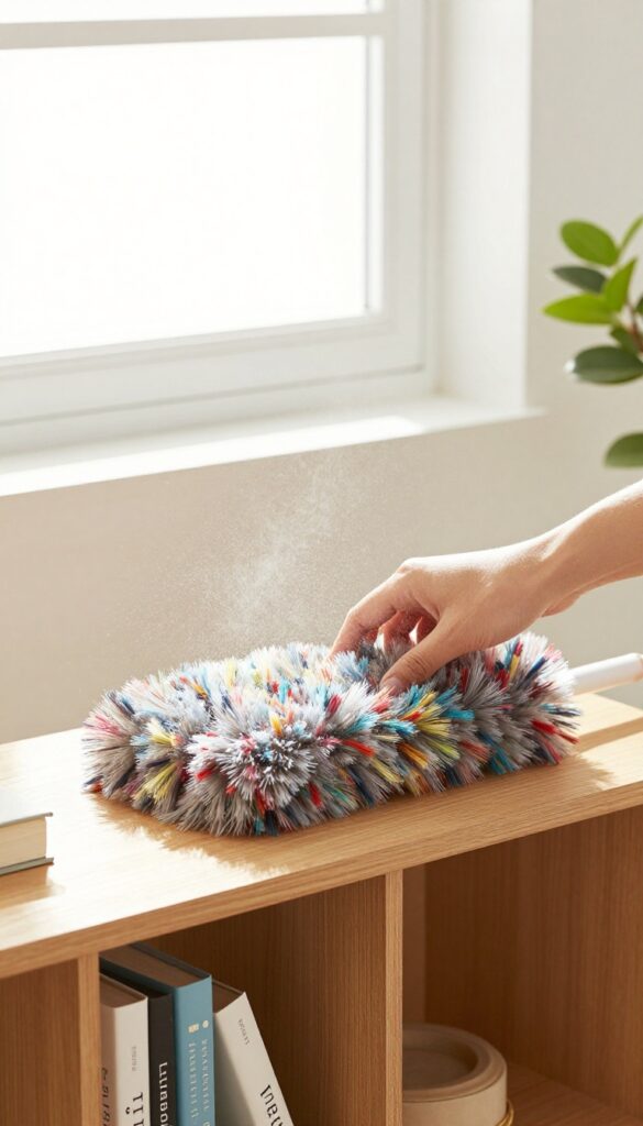 Hand using a static duster on a wooden shelf in a sunlit living room, dust particles attracted to the duster