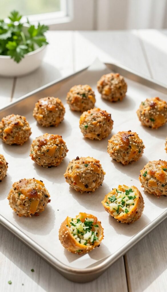 Homemade parsnip and turkey meatballs for dogs, baked on a parchment-lined sheet, with parsley garnish and a dog bowl in the background.