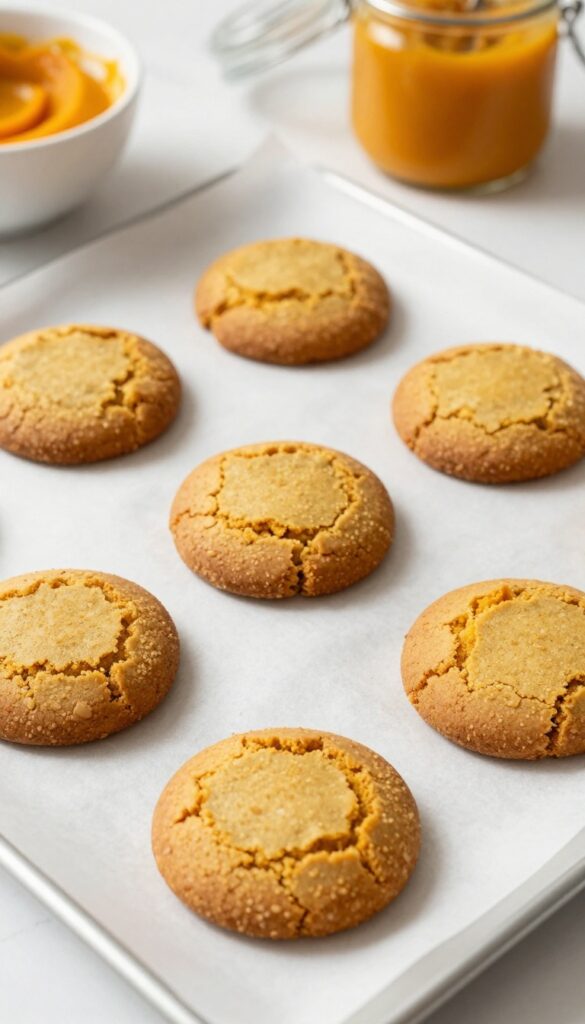 Homemade pumpkin and coconut flour dog cookies on a baking sheet, with pumpkin puree and coconut flour in the background.