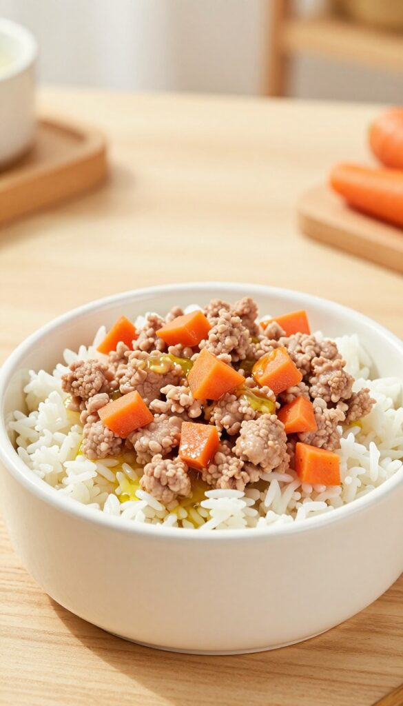 Homemade dog food bowl with ground pork, white rice, and carrots, presented as a simple meal for dogs with sensitive stomachs.