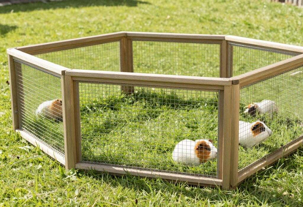 Outdoor guinea pig cage in a sunny backyard with shade and grass