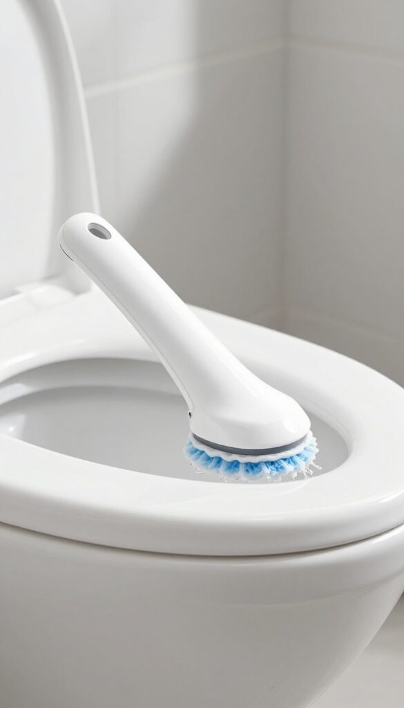A toilet wand with a curved head scrubbing under the rim of a toilet bowl in a bright, clean bathroom.