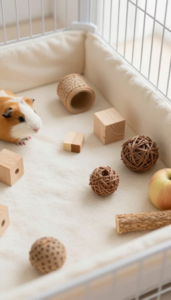 Guinea pig cage activity corner with fleece mat and chew toys