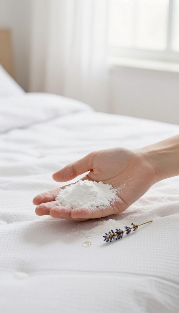 Hand sprinkling baking soda and lavender oil on a white mattress in a bright bedroom