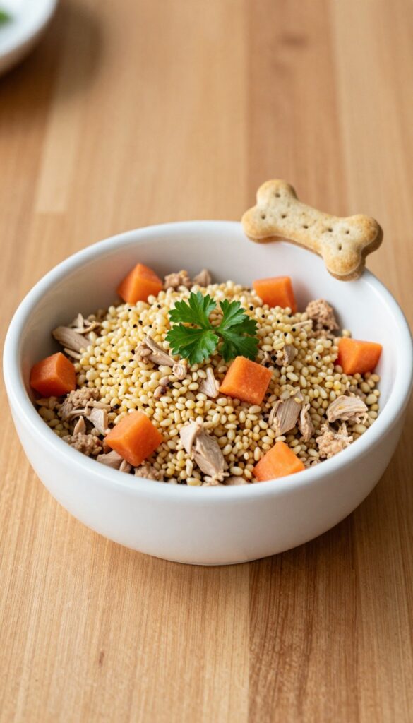 Homemade millet and turkey dinner topper spooned over dog kibble in a bowl, with carrots and parsley garnish, on a wooden table in natural light.