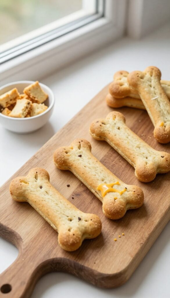 Homemade cheese and parsnip dog biscuits arranged on a wooden board, with some crumbled in a bowl as a topper.