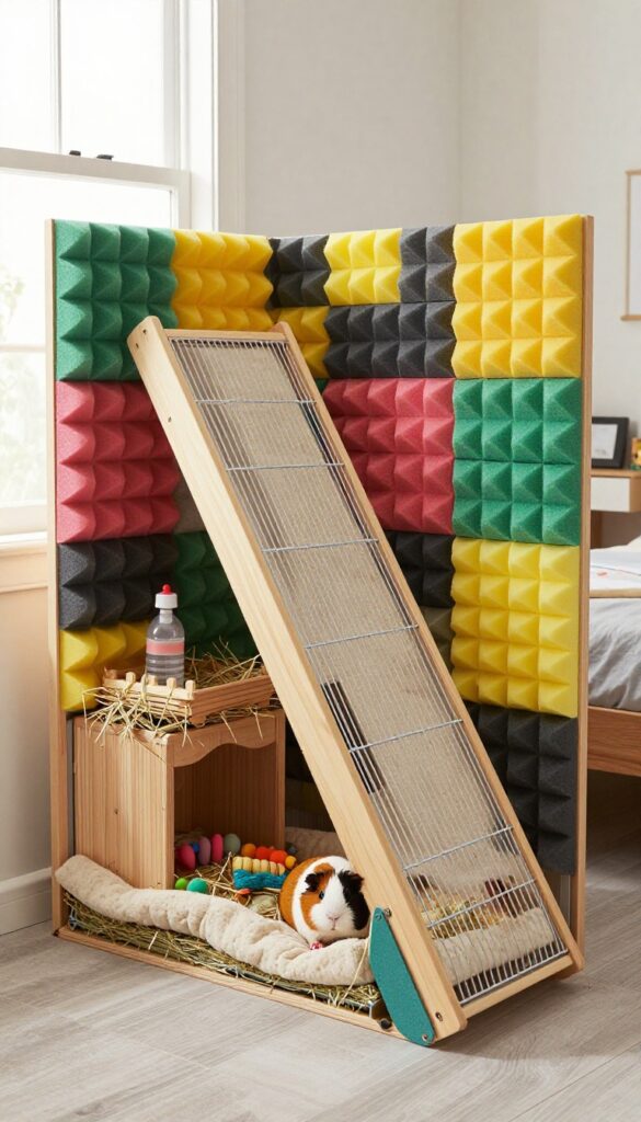 Corner guinea pig cage with soundproofing panels in a small bedroom