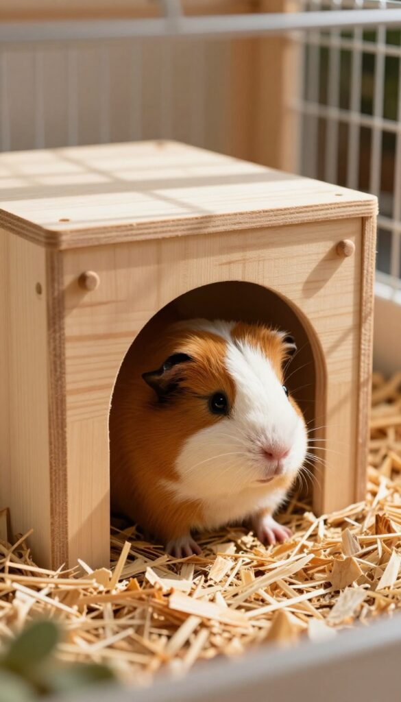 Guinea pig cage with natural wooden hides and tunnels on aspen bedding, bright natural light