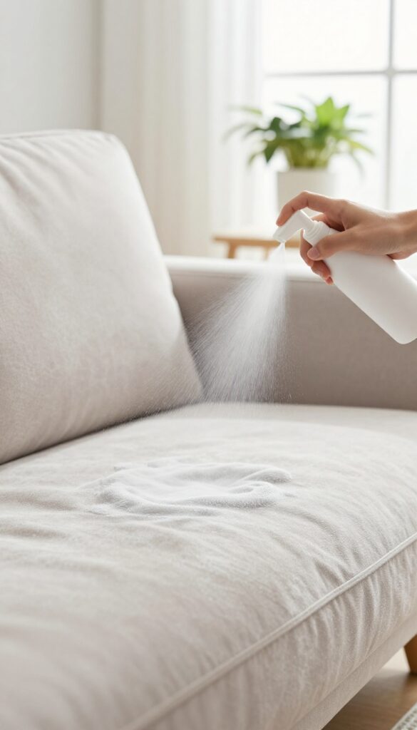 Hand spraying fabric guard on a clean microfiber couch in a bright living room