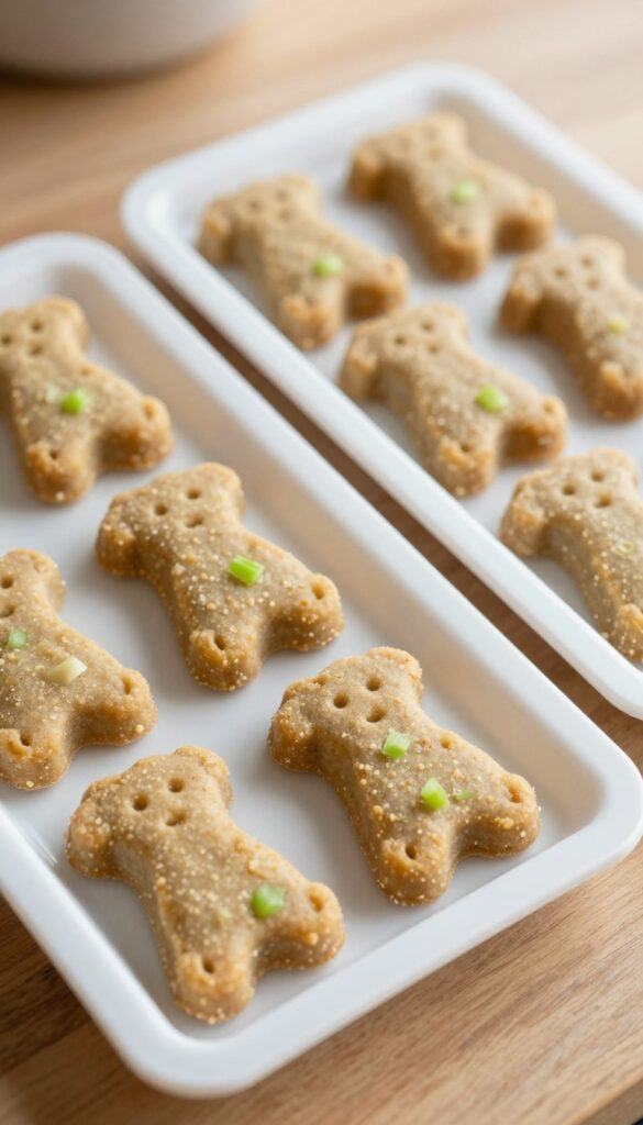 Homemade frozen celery and peanut butter pupsicles in silicone molds, ready for dogs to enjoy.
