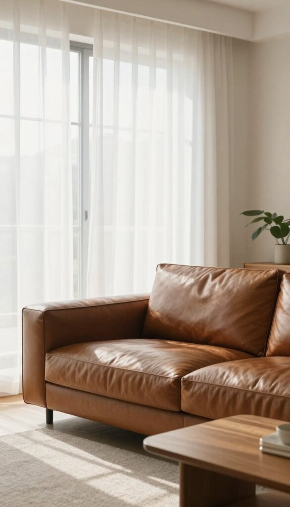Leather couch placed away from window with sheer curtains to prevent sun damage and fading.