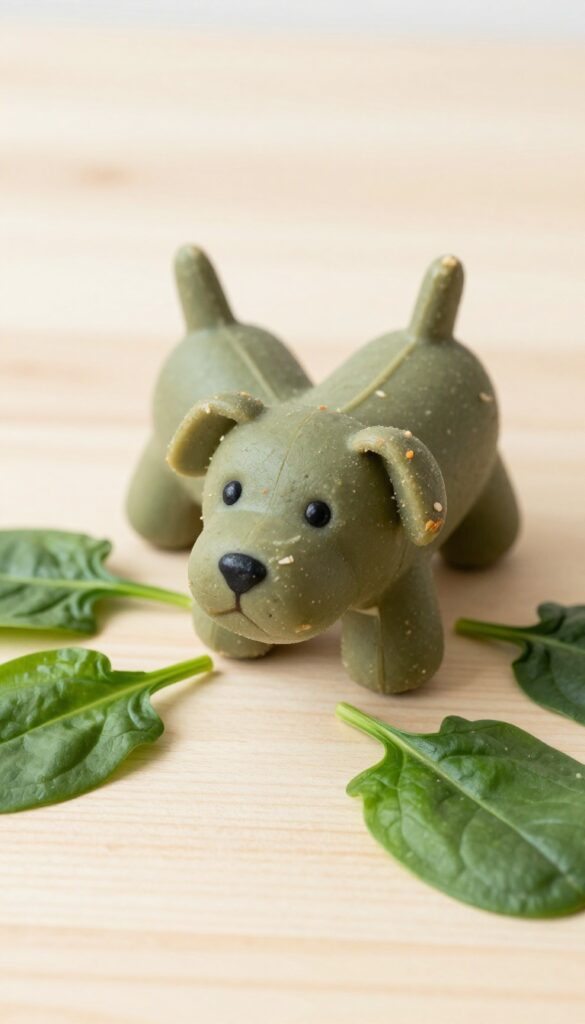 Dog Kong toy stuffed with sardine and spinach pâté, with sardines and spinach leaves on a wooden surface.