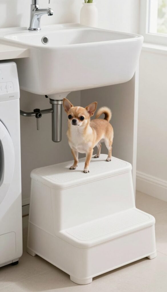 Small dog standing on a collapsible step stool next to a wash basin in a laundry room