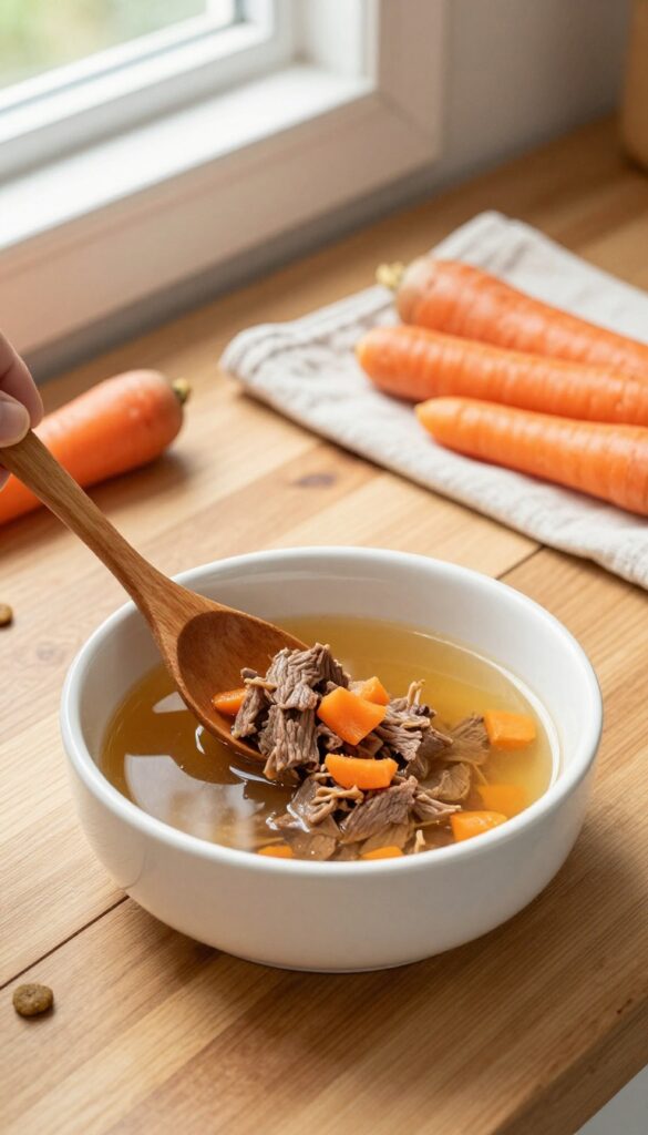 A dog bowl of kibble topped with homemade beef and carrot broth, with raw ingredients nearby on a wooden counter.