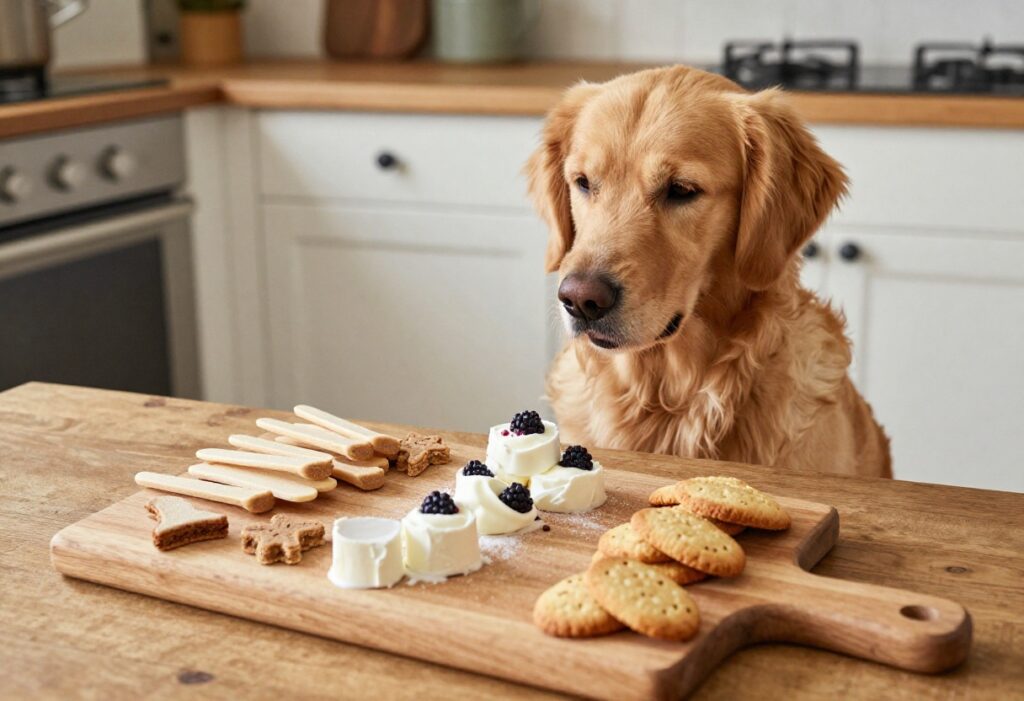 Homemade blackberry dog treats on a wooden board with a golden retriever waiting nearby.