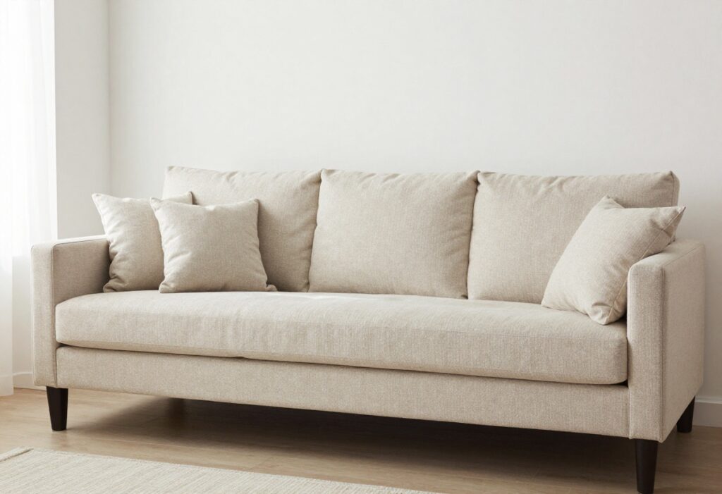 Clean beige microfiber couch in a bright living room