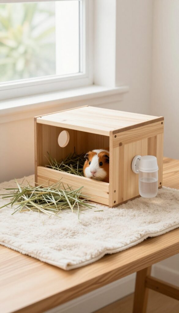 Minimalist single-level guinea pig cage with a wooden igloo hidey in one corner and a hay bin opposite, on a wooden table with natural light.