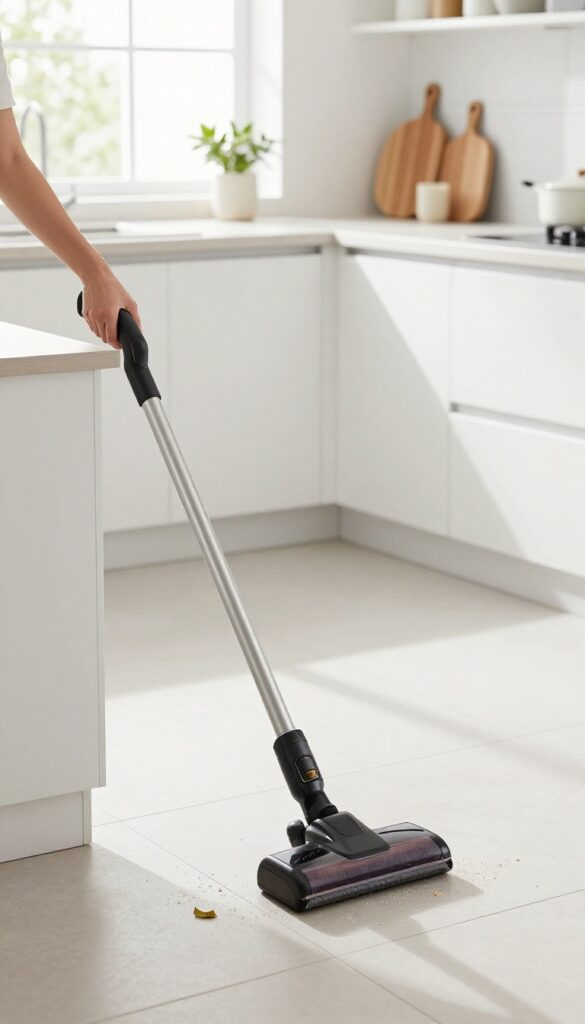 Person vacuuming kitchen floor with cordless stick vacuum in bright, clean kitchen.