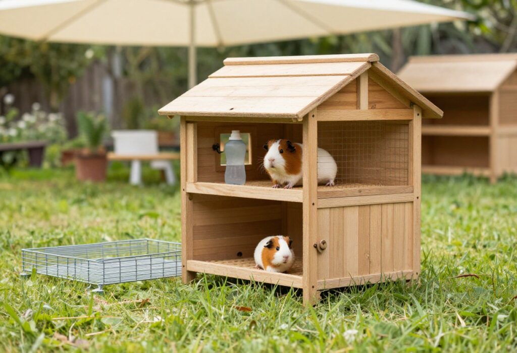 Outdoor guinea pig cage with wooden hutch and wire run on grass