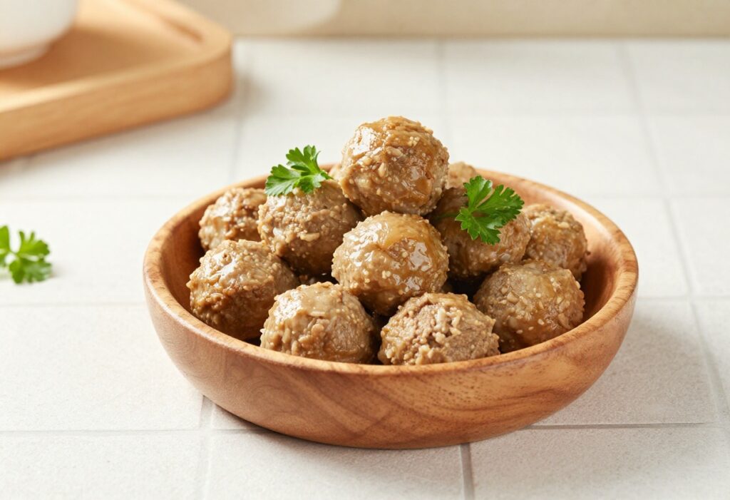 Homemade beef dog meatballs in a wooden bowl, dog treat recipe