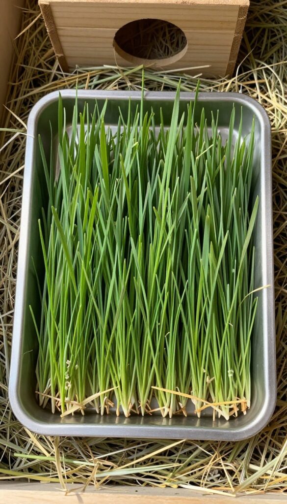 A shallow tray of green grass in a guinea pig cage