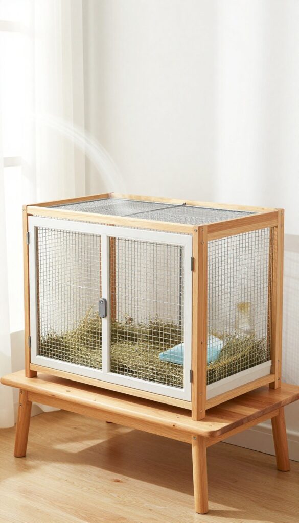 Guinea pig cage on a table in a well-ventilated, quiet corner with natural light and mesh sides
