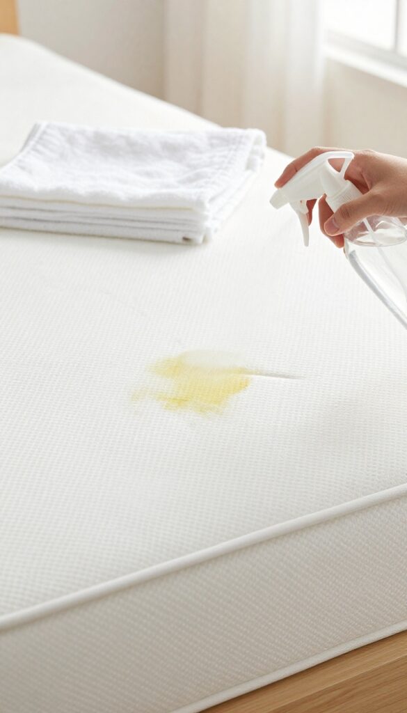 Spraying vinegar and water solution on a mattress stain