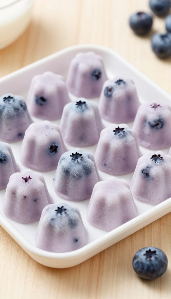 Frozen goat milk and blueberry pupsicles in a silicone bone-shaped mold tray, with one pupsicle removed and placed beside the tray, on a light wooden surface in natural sunlight.
