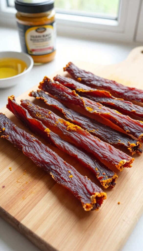 Homemade venison jerky dog treats with turmeric on a cutting board