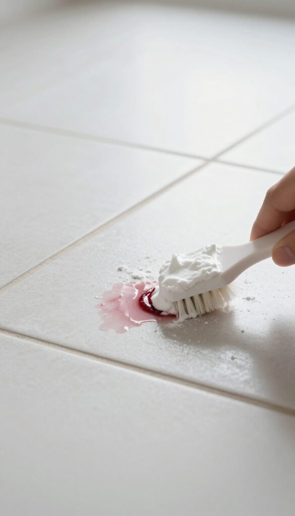 Cleaning a wine stain on tile floor with baking soda paste and soft brush