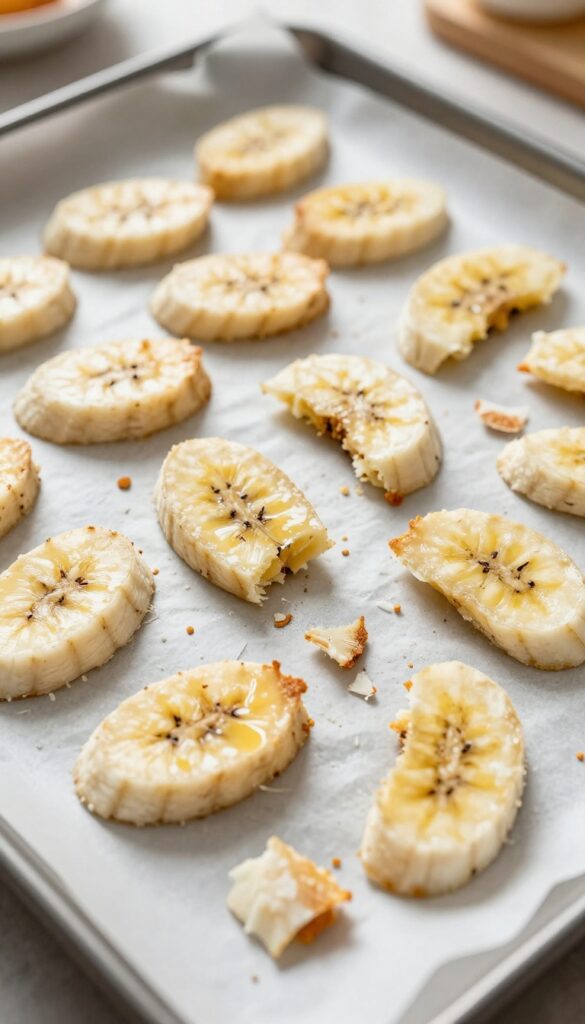 Homemade banana and coconut crunchies dog treats baked on a sheet pan, broken into pieces.