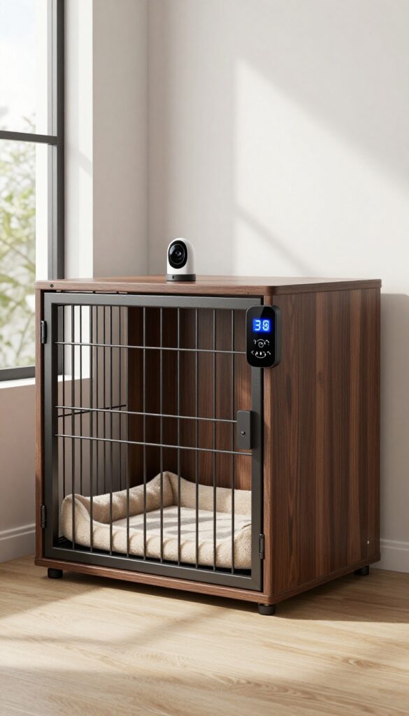 Sleek smart dog crate with temperature control and camera in a bright modern room