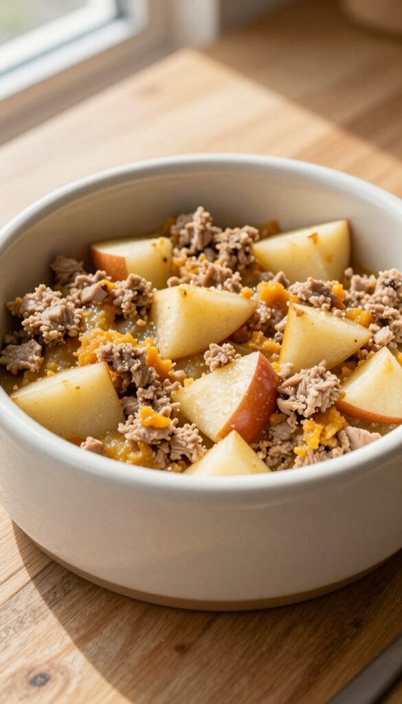 Close-up of a dog bowl with soft apple and pork mash, showing cooked apple chunks and ground pork mixed with pumpkin puree, warm natural light, rustic kitchen background.