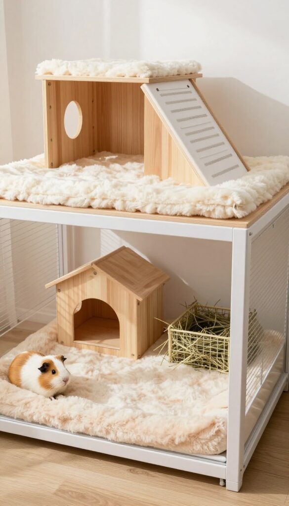Modular guinea pig cage with removable loft platform, ramp, and cozy accessories in bright natural light.