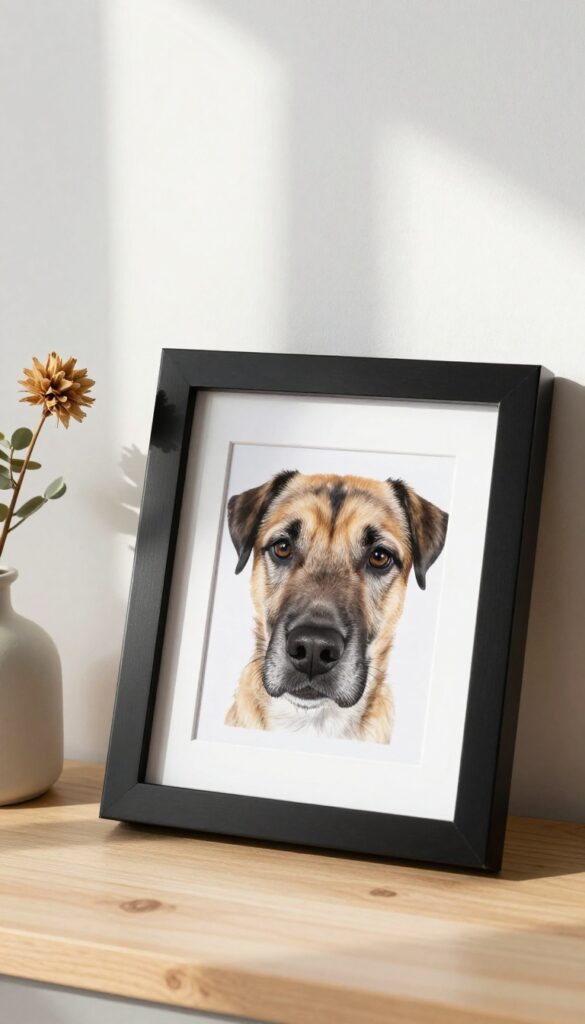 Framed dog nose print art on a table with natural light and minimalist decor
