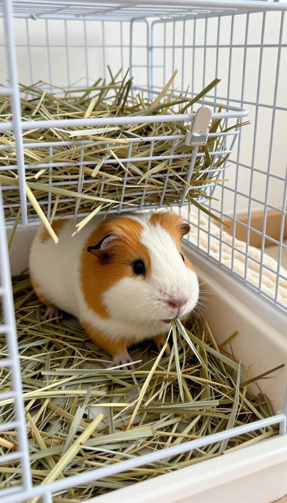 Guinea pig pulling hay from an external hay rack mounted on the cage, with a tray underneath to catch mess.