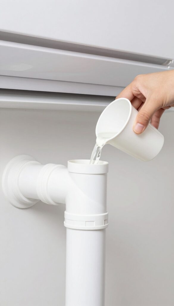 Hand pouring vinegar into condensate drain pipe to prevent mold in ductwork