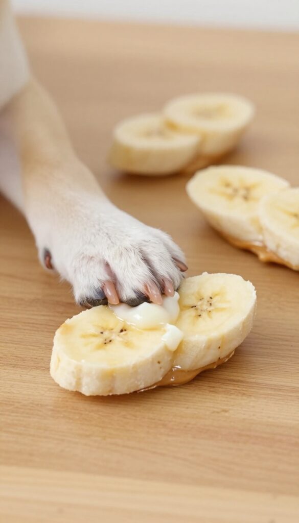 Homemade frozen dog treats made from peanut butter, banana, and yogurt, arranged on a wooden surface with a dog's paw holding one.
