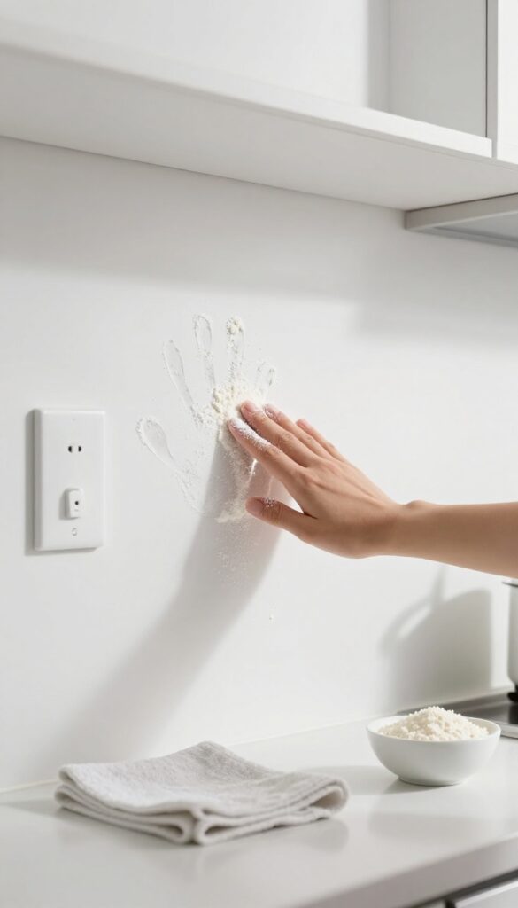 Sprinkling cornstarch on a greasy handprint on a white wall near a light switch in a bright kitchen.