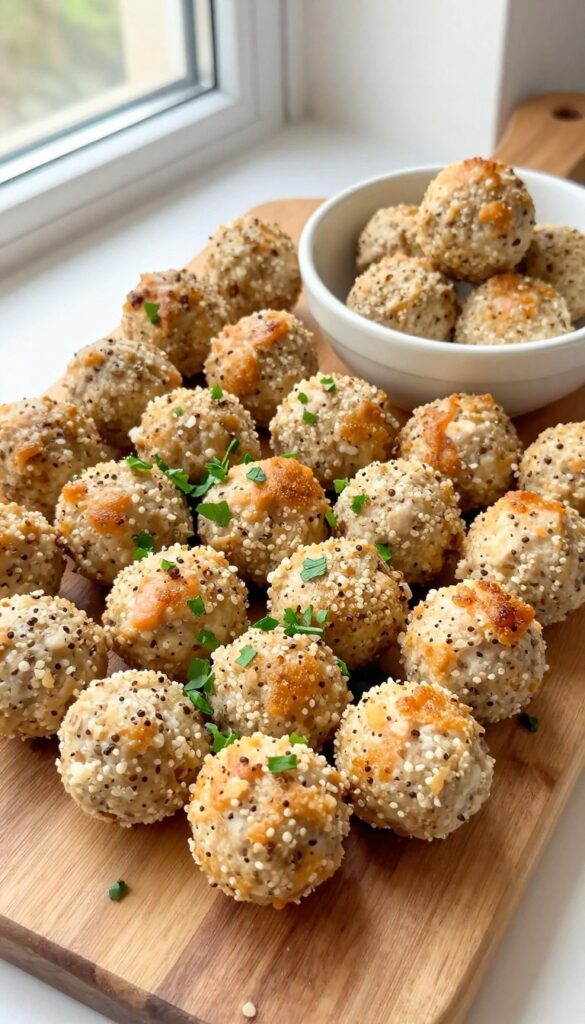 Homemade salmon and quinoa dog meatballs, baked golden brown, on a wooden board with parsley garnish, natural lighting.
