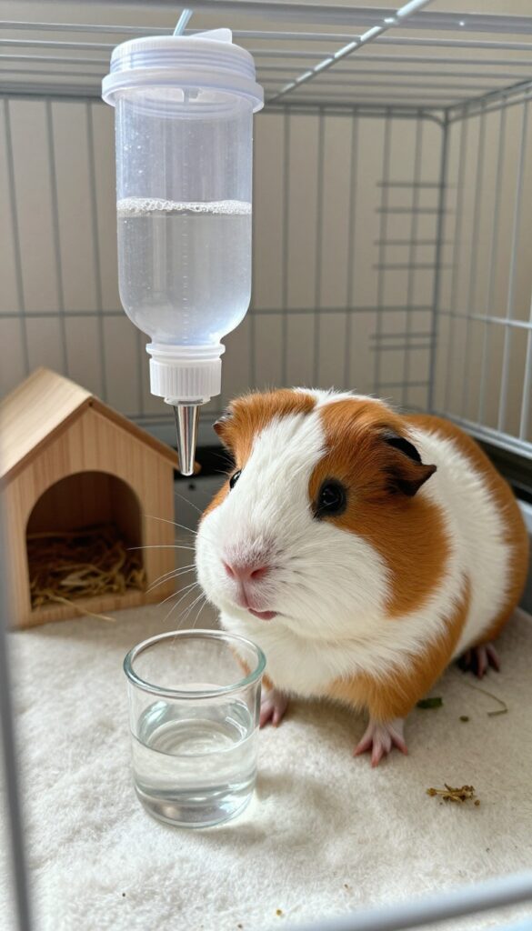 Guinea pig drinking from a drip-proof water bottle mounted on a cage with dry bedding and a hideout.