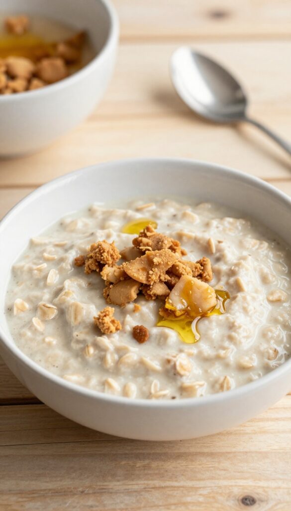 Homemade pollock and oatmeal breakfast bowl for dogs, warm and creamy with flaked fish on top.