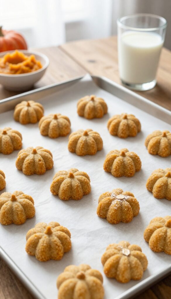 Homemade goat milk and pumpkin baked dog treats cooling on a baking sheet