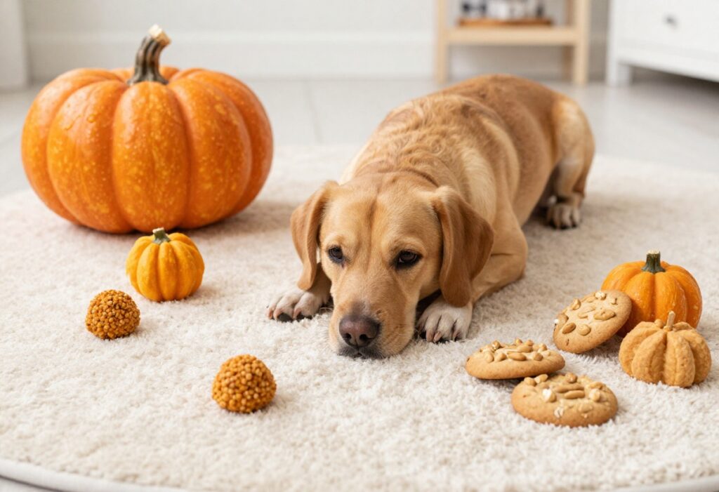 Snuffle mat filled with homemade dog treats, with a dog sniffing nearby.
