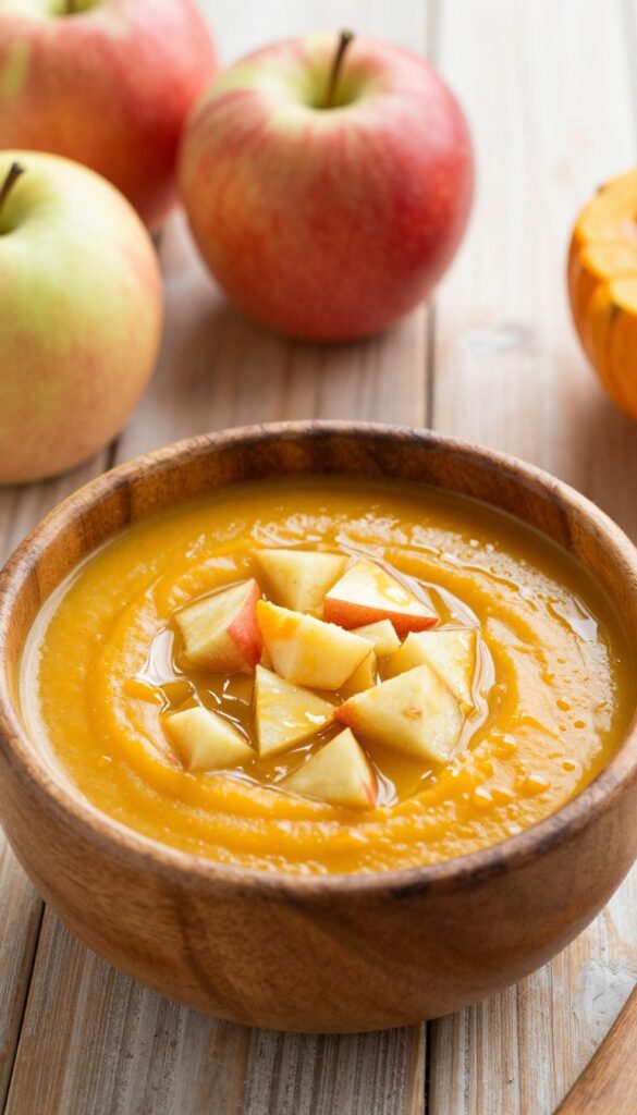 Homemade pumpkin and apple soup for dogs in a wooden bowl, topped with coconut oil, on a rustic table with apples and pumpkin.