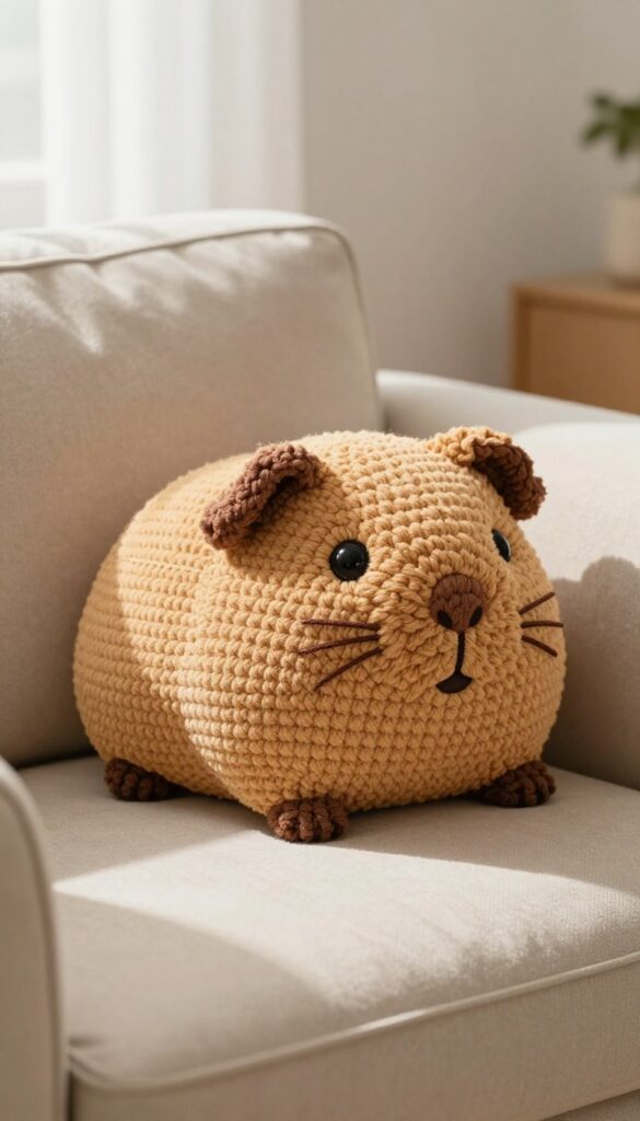 Crochet guinea pig decorative pillow on a sofa in a bright living room
