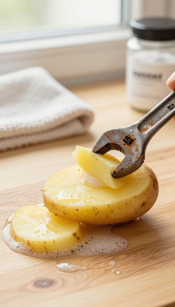 Close-up of a rusty wrench being cleaned with a potato dipped in dish soap on a wooden workbench